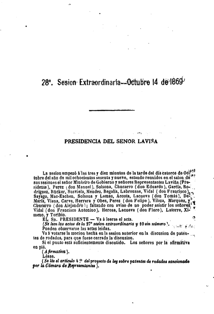 DIARIO DE SESIONES DE LA CAMARA DE REPRESENTANTES del 14/10/1869